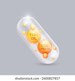 Orange cod liver oil and Fish oil fatty acids in translucent capsule. For nutrition products food health ads. Medical scientific concepts. 3D Vector illustration.