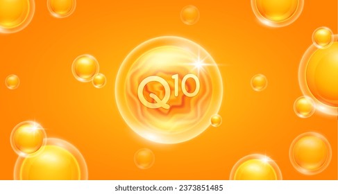 Orange coenzyme Q10 floating in the air. Vitamins minerals complex and collagen serum. For cosmetic banner or beauty skin care nutrition design. Essential supplement to the health body. 3D vector.