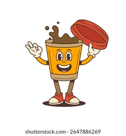 Orange coffee cup mascot with red lid lifted like a hat, revealing splashing coffee inside. Perfect for coffeeshop branding, cafe marketing, beverage promotions. Vector illustration