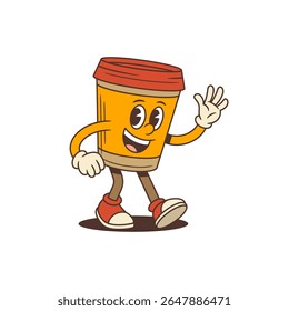 Orange coffee cup mascot with red lid walking while waving hand and showing okay gesture. Perfect for coffeeshop branding, cafe marketing, and digital design projects. Vector illustration