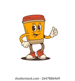 Orange coffee cup mascot standing and showing thumbs up along with okay hand gesture. Suitable for coffeeshop branding, beverage advertising, and digital design projects. Vector illustration