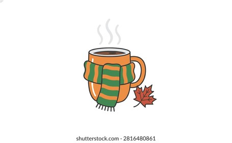 Orange coffee mug wrapped in striped winter scarf with fallen autumn leaf on white background.