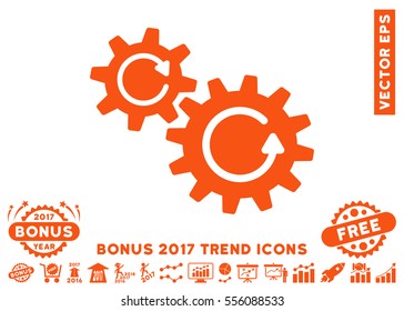 Orange Cogs Rotation icon with bonus 2017 year trend pictograms. Vector illustration style is flat iconic symbols, white background.