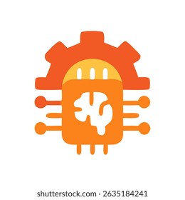 Orange cogwheel outlines a chip holding a brain shape showcasing tech themes
