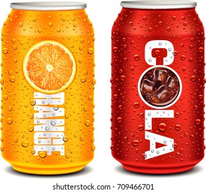 orange and cola tin can with many water drops