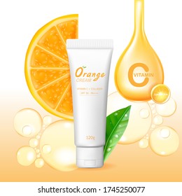 Plantilla de Colágeno Naranja y Vector Vitamínico para publicidad de belleza de la piel o de productos cosméticos de fondo.