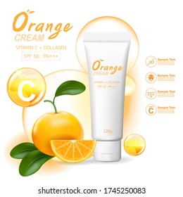 Plantilla de Colágeno Naranja y Vector Vitamínico para publicidad de belleza de la piel o de productos cosméticos de fondo.