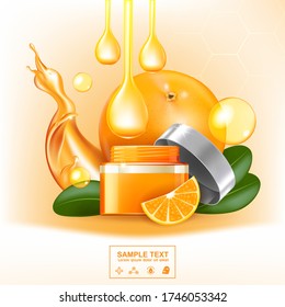 Orange Collagen and Vitamin Vector Template for Skincare or Cosmetic Products Background.