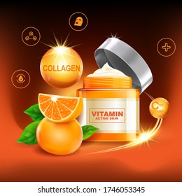 Planilla de colágeno y vectores de vitamina naranja para el cuidado de la piel o de los productos cosméticos de fondo.
