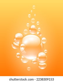 Orange collagen vitamins bubbles and hyaluronic acid solution. Water serum droplets transparent realistic 3D. For cosmetic advertising design. Isolated on pink background. Vector illustration.