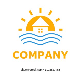 orange colo logo design idea illustration for resort hotel business company on beach or bay shape like sunset