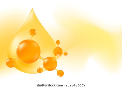 Gota de aceite de cabello 3d de color naranja o fórmula de molécula de gotita de colágeno, con fondo de patrón líquido amarillo claro. Fondo de pantalla de fórmula química de suero de ácido hialurónico con espacio de copia. Tratamiento de belleza