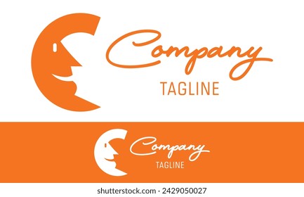 Orange Color Abstract Crescent Moon Face Initial Letter C Logo Design	