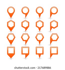 Orange color blank map pin sign empty satin location icon with gray shadow and reflection isolated on white background. Web design element save in vector illustration 8 eps