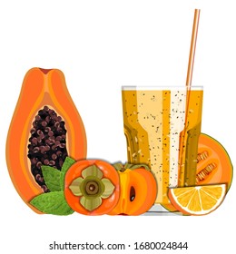 Orange color blended smoothie in a glass with ingredients vector illustration