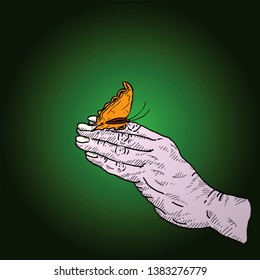 An orange color butterfly perched on a hand in green atmosphere for the concept mankind harmony with nature. Hand drawn vector illustration. 