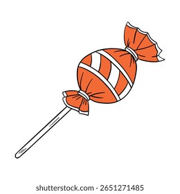 Orange color candy sweets for Halloween occasion. Threads or treats candy element collection. Line art 