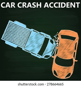 Orange color car collided with a blue pickup truck have side damage on chalkboard.