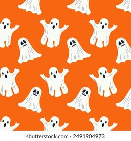 Orange color Cartoon Happy Halloween background vector. Seamless pattern with Cute repeat halloweens Boo Spooky Ghost. Hand Drawing arts, Doodle Vector illustration repeat design for fabric print.