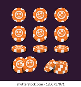 Orange Color Casino Chips with Different Rotate Position Set for Game, Vector Illustration Halloween Concept Flat Design.