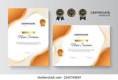 Orange color certificate award design template. Clean modern certificate with gold badge. Certificate border template with luxury modern line pattern. Diploma Certificate vector template set