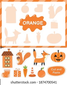 Orange color. Cut the elements and match them with the right shadows. Learning color orange educational game for kids. Cut and paste activity for toddlers. Vector illustration