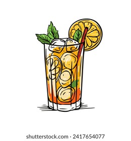 Orange color drink alcohol cocktail. Hand drawn style vector illustration. Lemon slice fruit. Isolated on white background.