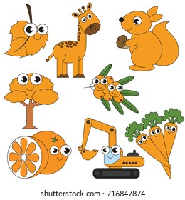 Orange Color elements set, collection of coloring book template, the group of outline digital elements vector illustration, kid educational game page.