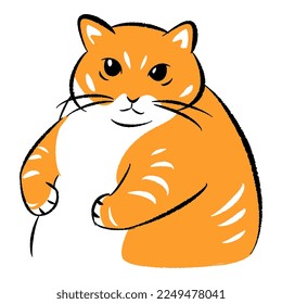 Orange color fat cat hand drawn illustration. line art, black outline. cute kitten cartoon character. doodle sketch. Suitable for print, posters, greeting cards.