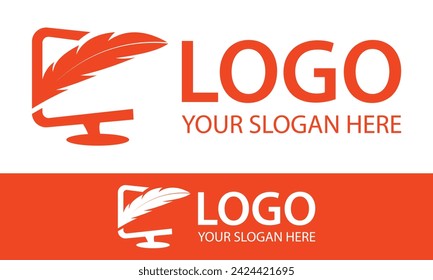 Orange Color Feather Abstract Computer Screen Logo Design