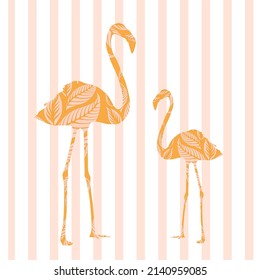 orange color flamingo pattern on orange striped background, vector textile overlay