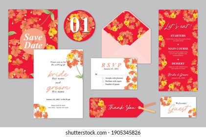 Plantilla de fondo de flor de color naranja. Conjunto vectorial de elementos florales para invitaciones de boda, tarjeta de saludo, sobre, vale, folletos y banners de diseño.
