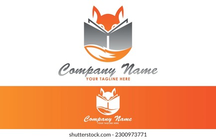 Orange Color Fox Reading Book Logo Design