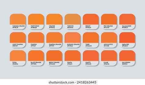 Orange Color Guide Palette with Color Names. Catalog Samples Orange with RGB HEX codes and Names. Metal Colors Palette Vector, Wood and Plastic Orange Color Palette, Fashion Trend Orange Color Palette