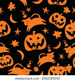 Orange color jack o' lantern pumpkin and cat with ornament seamless pattern 