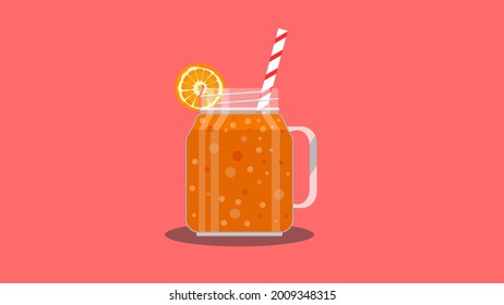 Orange color layered orange juice smoothie in jar with orange fruit and striped straw. Glass for cocktails with handle. Fresh orange fruit and glass with fruit juice.