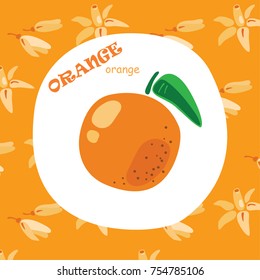 Orange color learning card for your baby with orange fruit in white circle and light orange background with flowers.