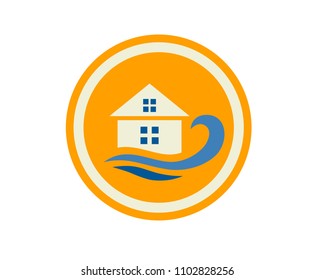 orange color logo design idea illustration for resort hotel business company on beach or bay