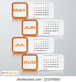 orange color modern simple editable vector calendar 2015. 4 months May-August