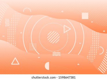 Orange color monochromatic abstract background with Memphis style geometric shapes, lines, dots, fills and gradients. Can be used for landing pages, posters, flyers, ads, banners, promotions.