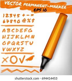 Orange color open permanent marker pen, handwritten digits set, numerals, figure and alphabet check sign, plus, line.Vector felt-pen illustration 
