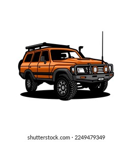 Orange color overlander vector illustration. Using roof racks, antenna, snorkel and front bumper with fog light. Perfect for use as stickers, logos and posters.