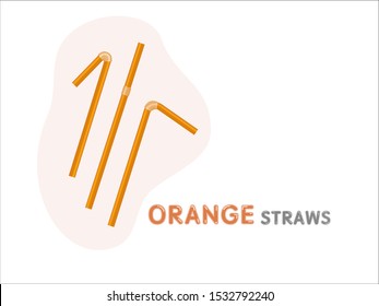 Orange color plastic straw for drinks vector set isolated 