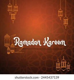 Orange color Ramadan Kareem vector illustration. Ramadan Kareem typograpghy. Greeting card with arabic hanging lantern.  Holy month of muslim. Symbol of Islam. Floral Applique Design. Editable. EPS 10