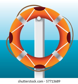 Orange color rescue wheel hanged on a pillar. Sea background. Vector illustration.