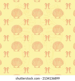 orange color seahorse and seashell patterns on yellow background, vector