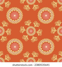 Orange color seamless pattern with suzani flowers, traditional Uzbek carpet. 