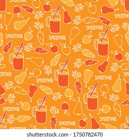 Orange color smoothie seamless pattern. Detox and healthy eating concept. Hand drawn vector background with carrot, apple, pear, mug. Vegetarian food and drinks