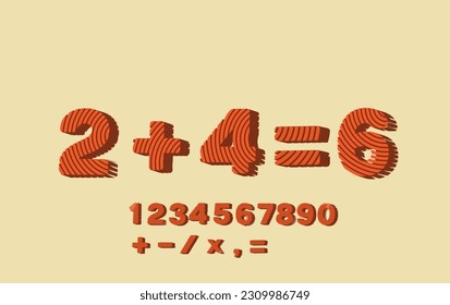 Bandas de color naranja texturadas de dígitos de estilo retro tridimensional y signos matemáticos