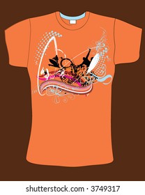 orange color t-shirt design with surfboard and rainbow